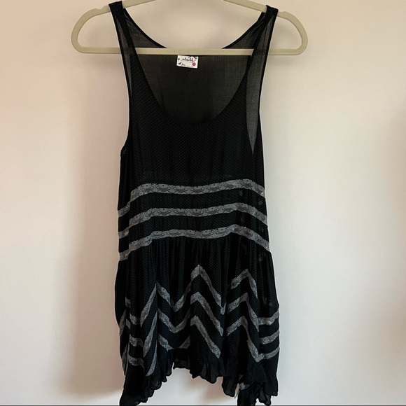 Free People Black & Gray Polka Dot & Lace Mini Swing Dress - Picture 3 of 14